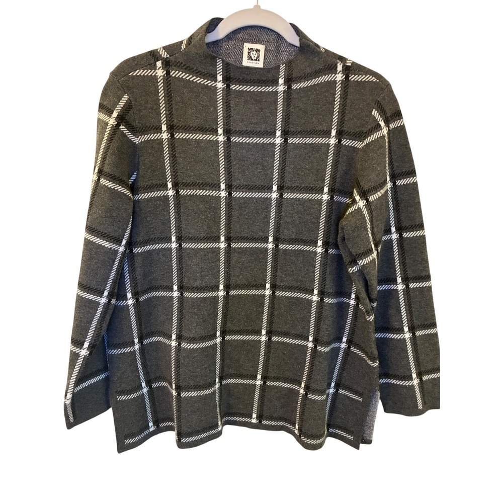 Anne Klein Womens Grey Plaid Mock Neck Sweater Size M Windowpane Knit Top